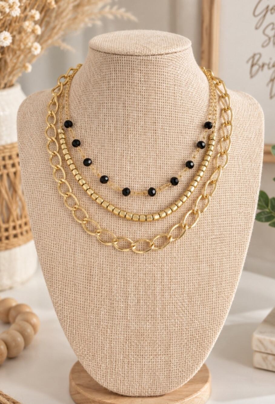 Pomina Gold Black Multi Layered Necklace New